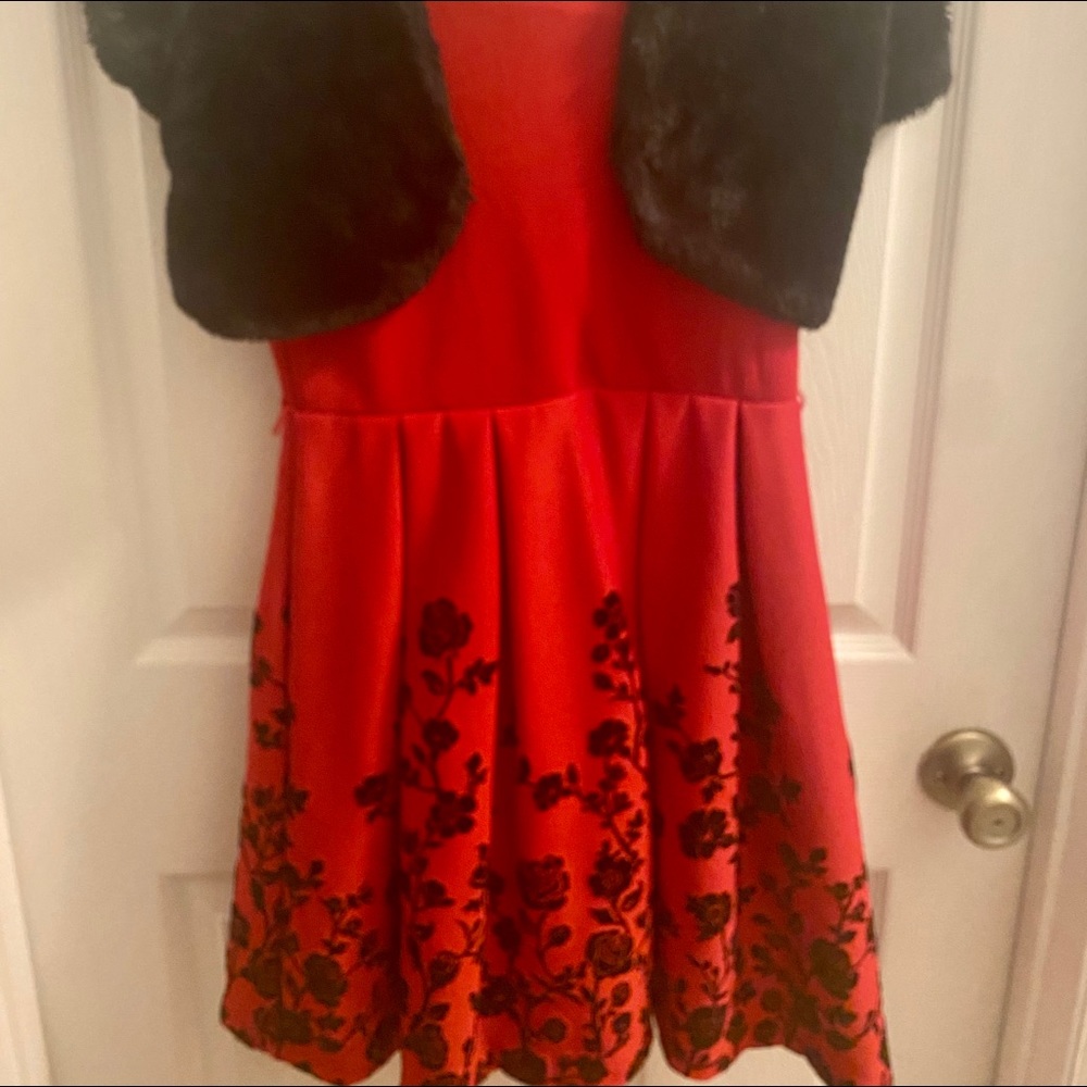 Red dress with black velvet flowers!! + fur vest